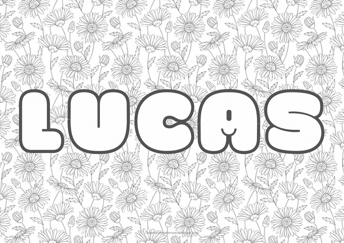 Lucas Bubble letters — Flowers border colouring sheet