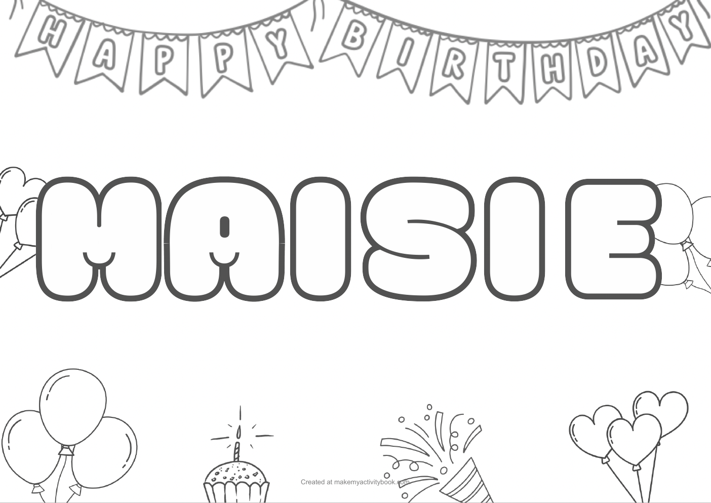 Maisie Bubble letters — Birthday border colouring sheet