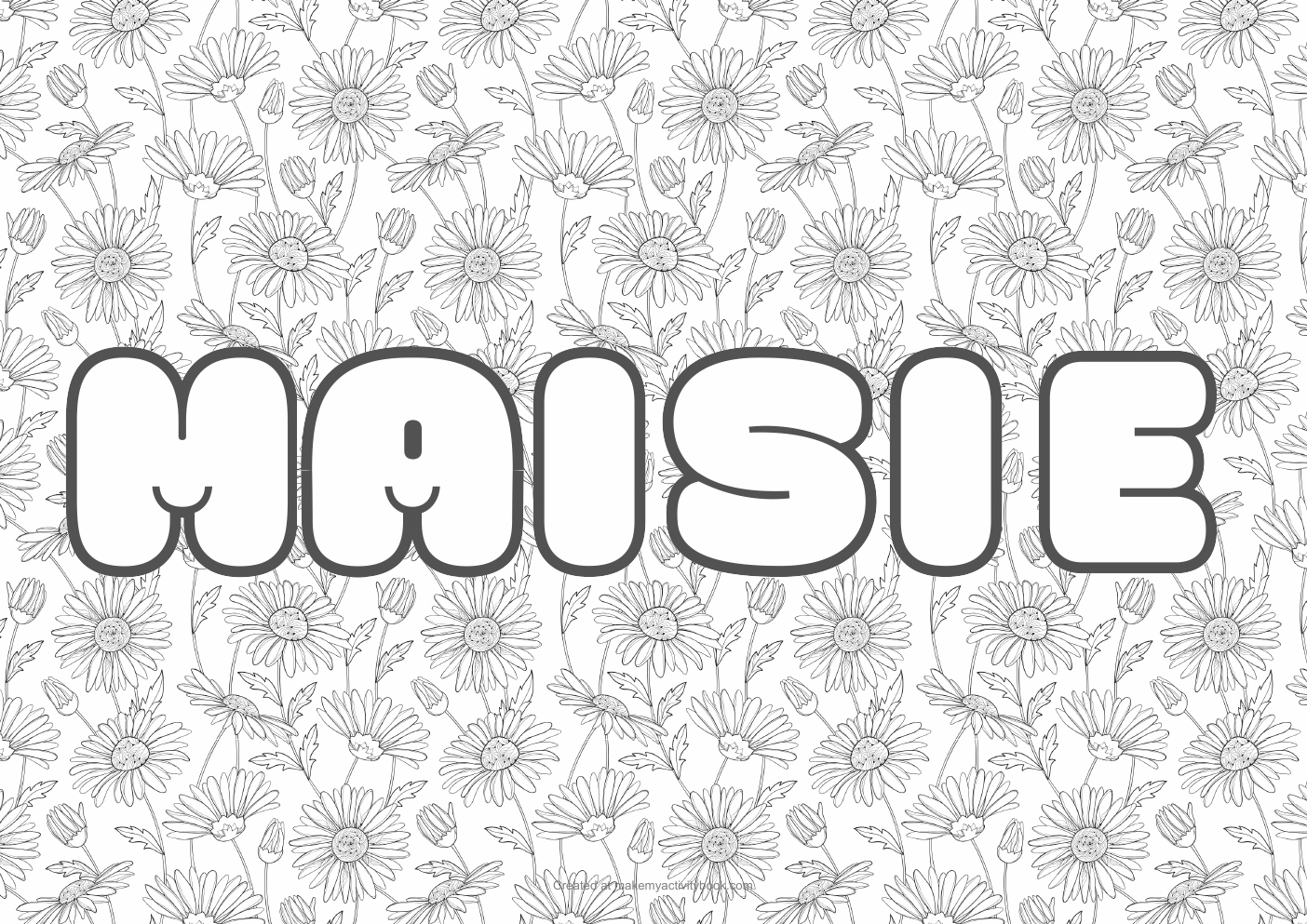 Maisie Bubble letters — Flowers border colouring sheet