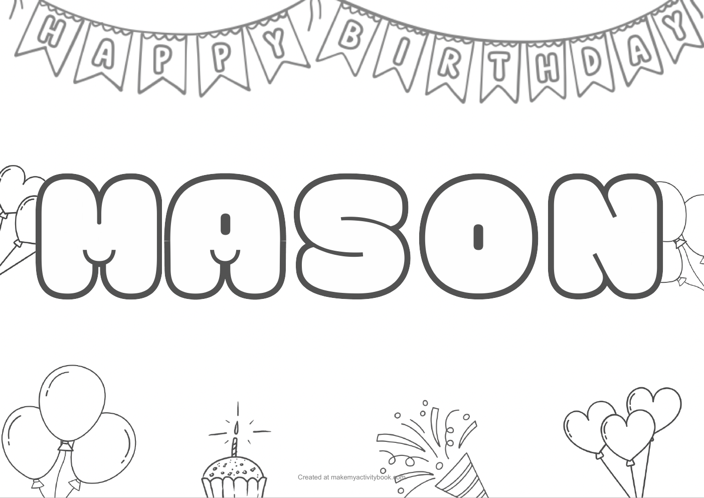 Mason Bubble letters — Birthday border colouring sheet