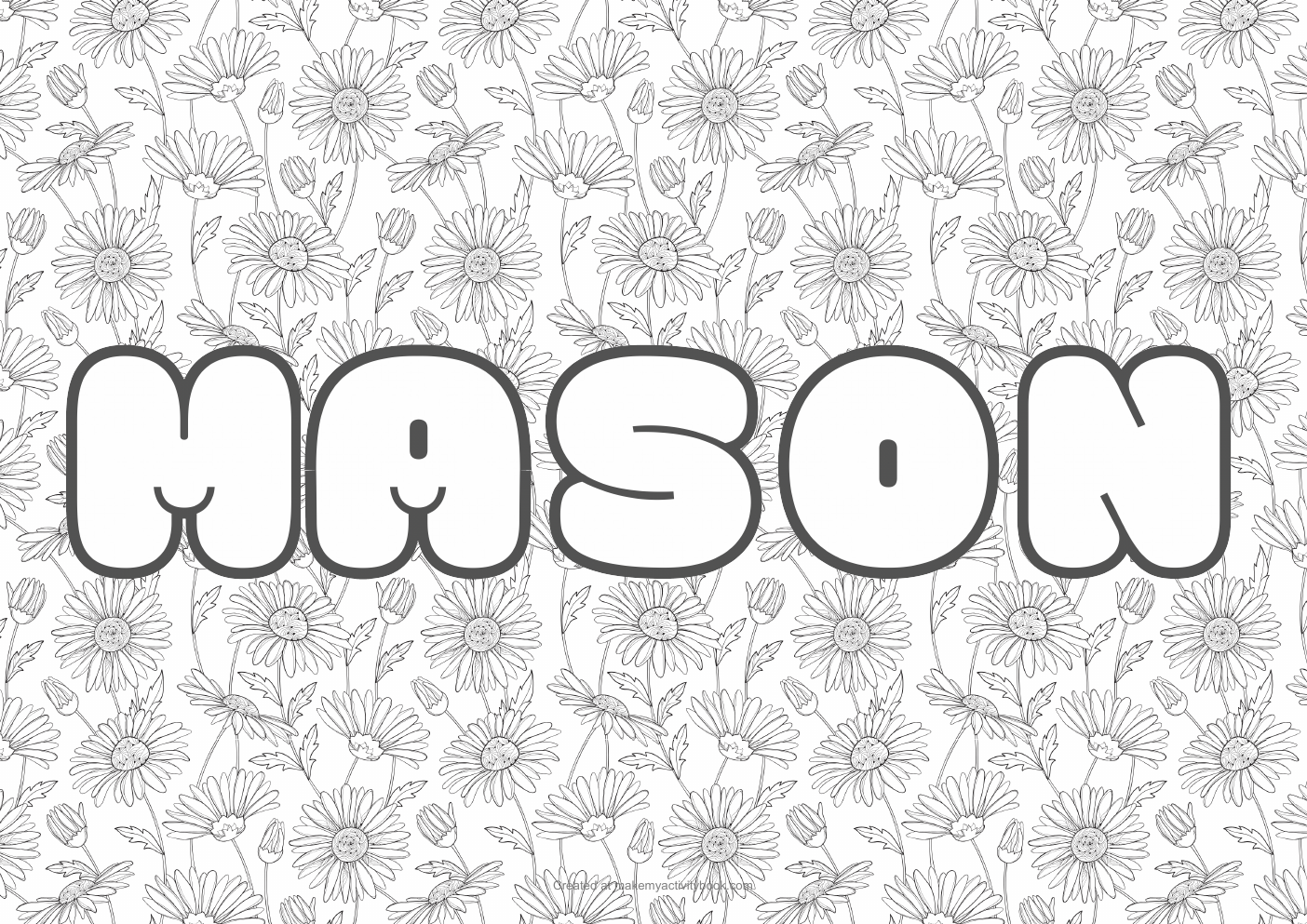 Mason Bubble letters — Flowers border colouring sheet