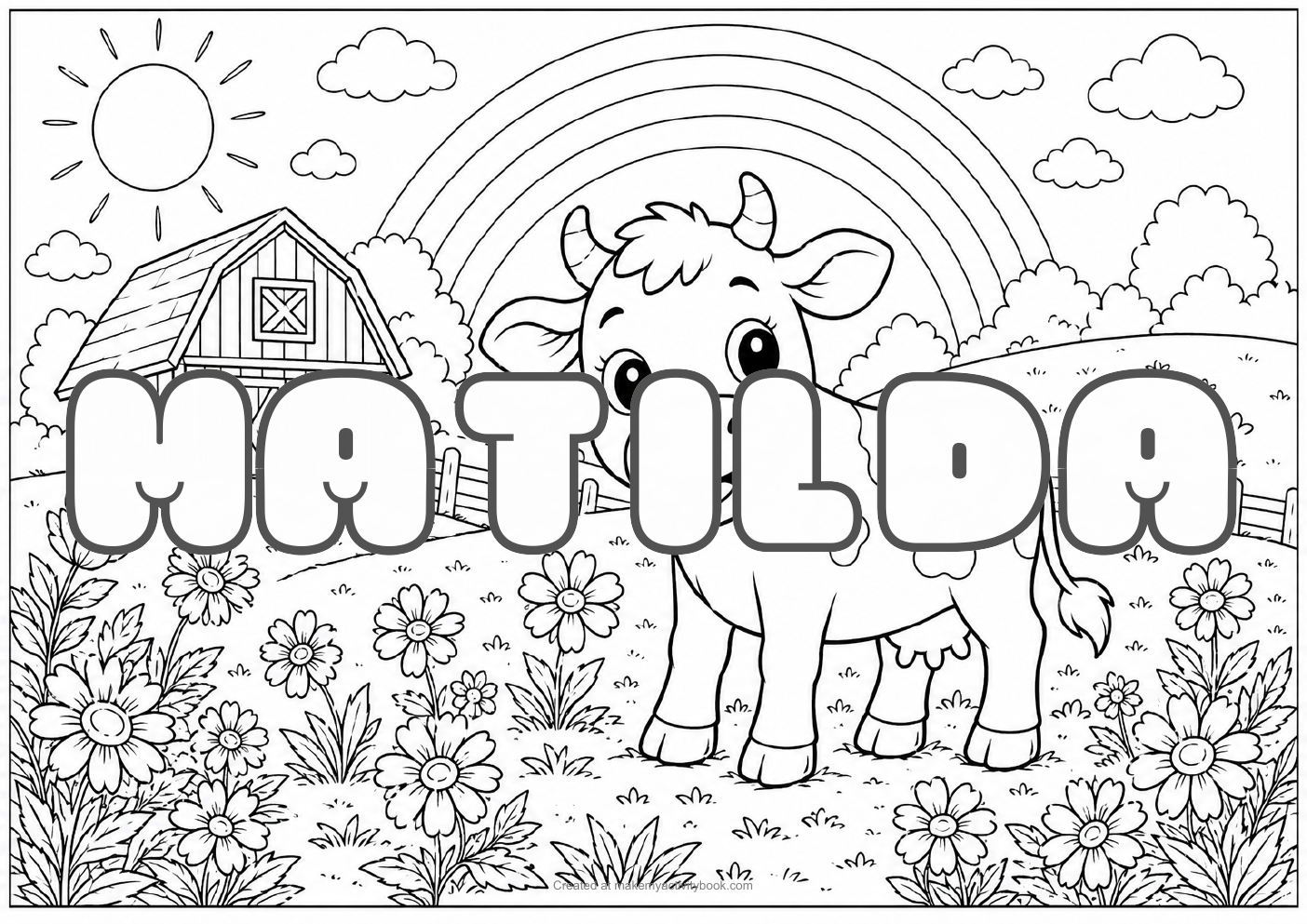 Matilda Bubble letters — Farm background colouring sheet