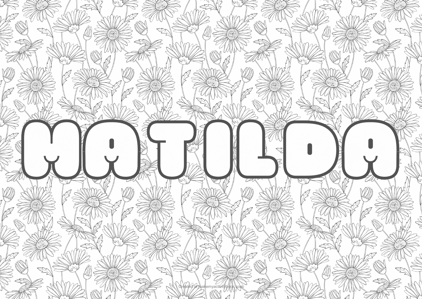 Matilda Bubble letters — Flowers border colouring sheet