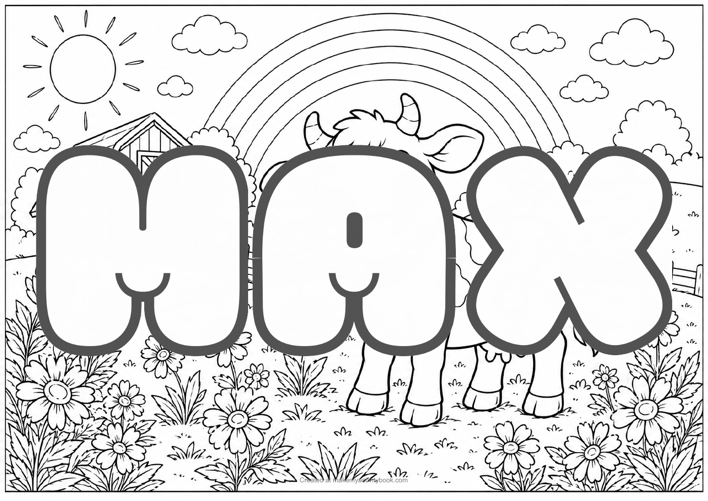Max Bubble letters — Farm background colouring sheet