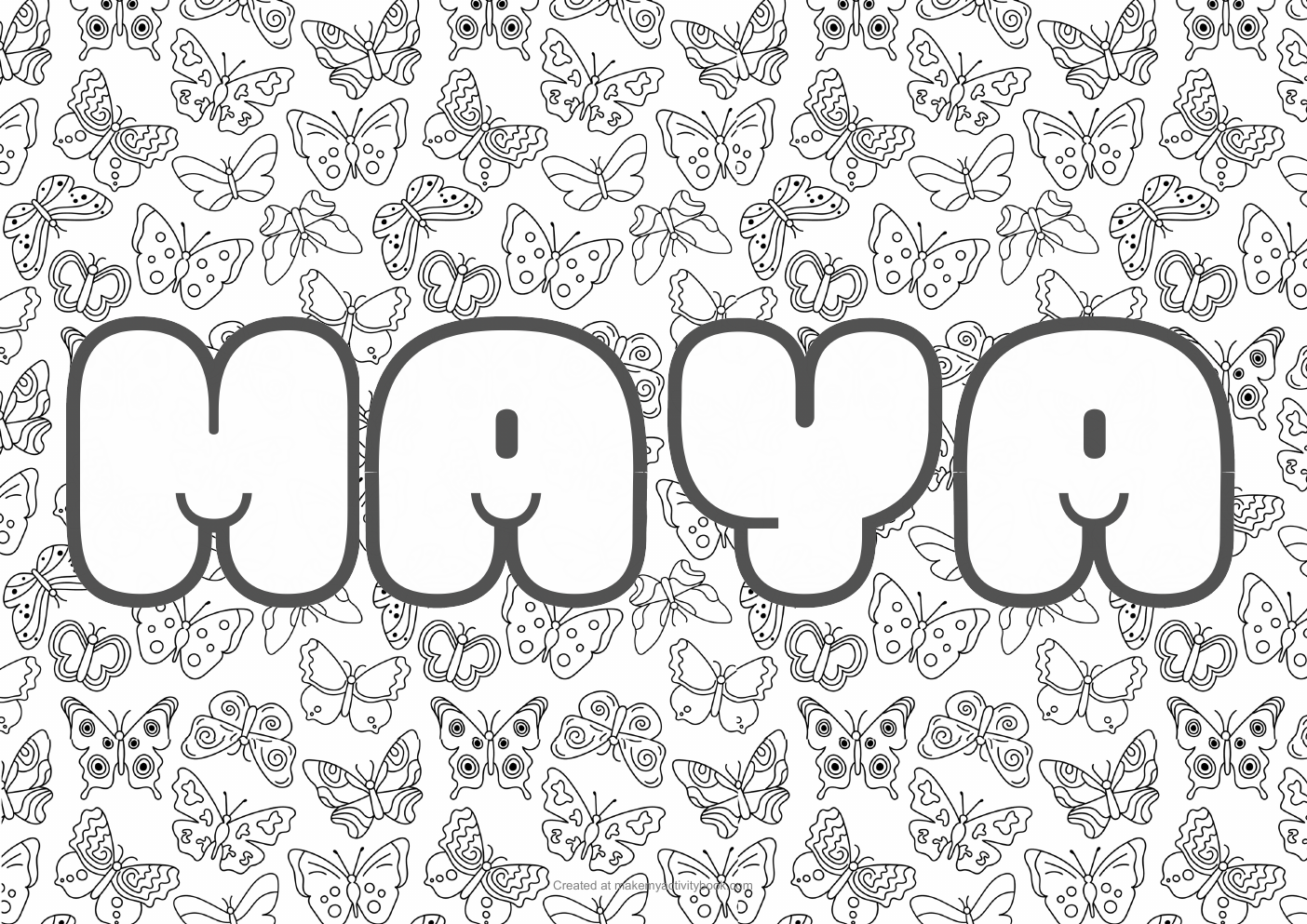 Maya Bubble letters — Butterflies border colouring sheet