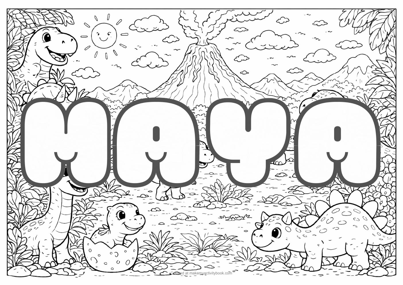 Maya Bubble letters — Dinosaur background colouring sheet