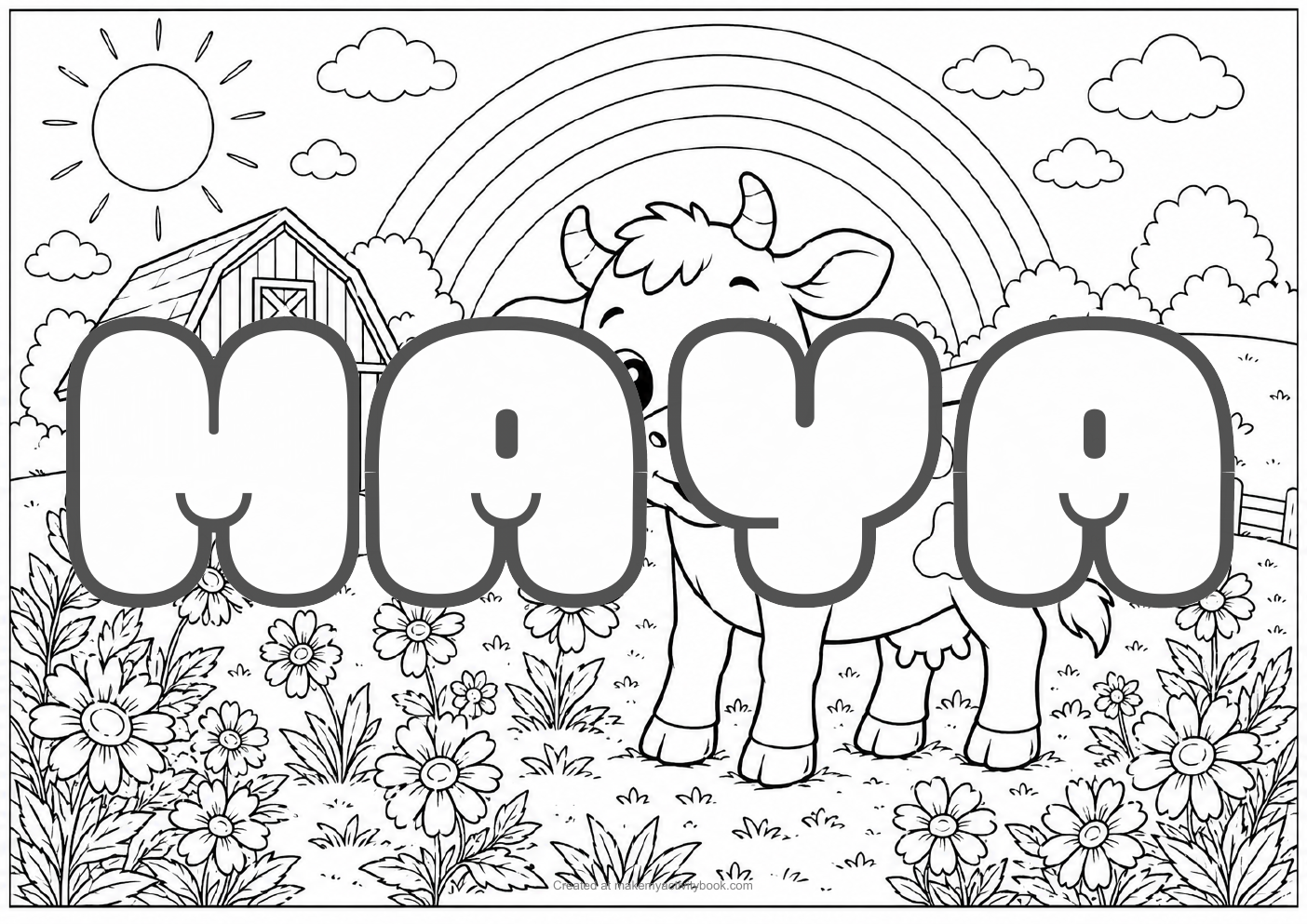Maya Bubble letters — Farm background colouring sheet
