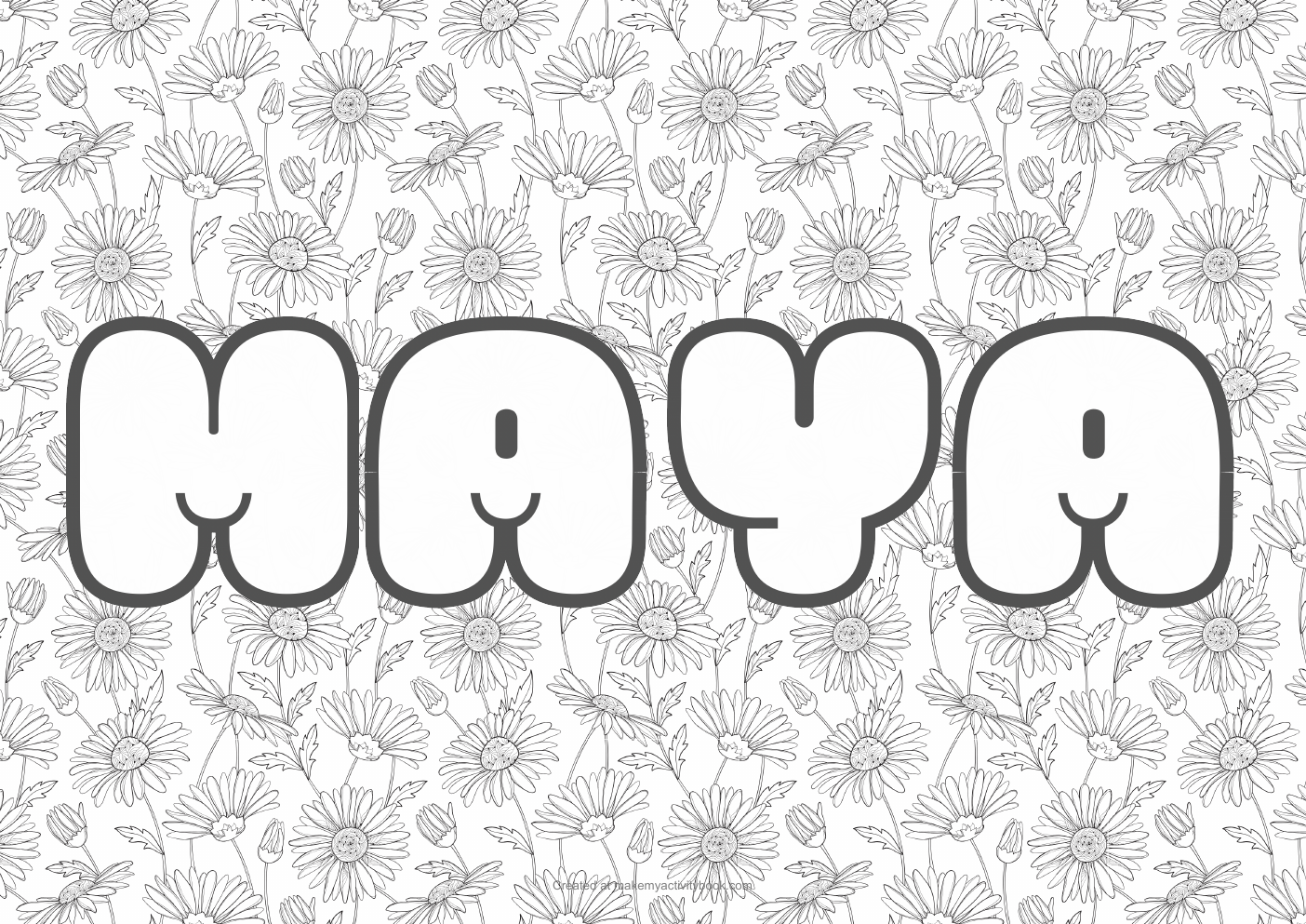 Maya Bubble letters — Flowers border colouring sheet