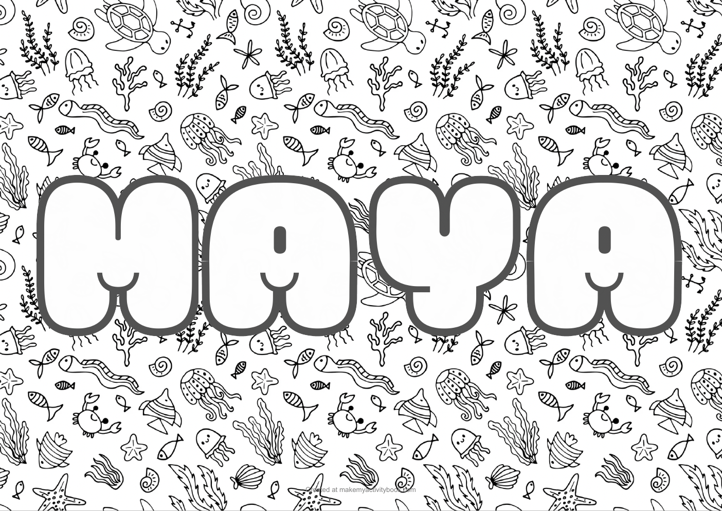 Maya Bubble letters — Sea border colouring sheet