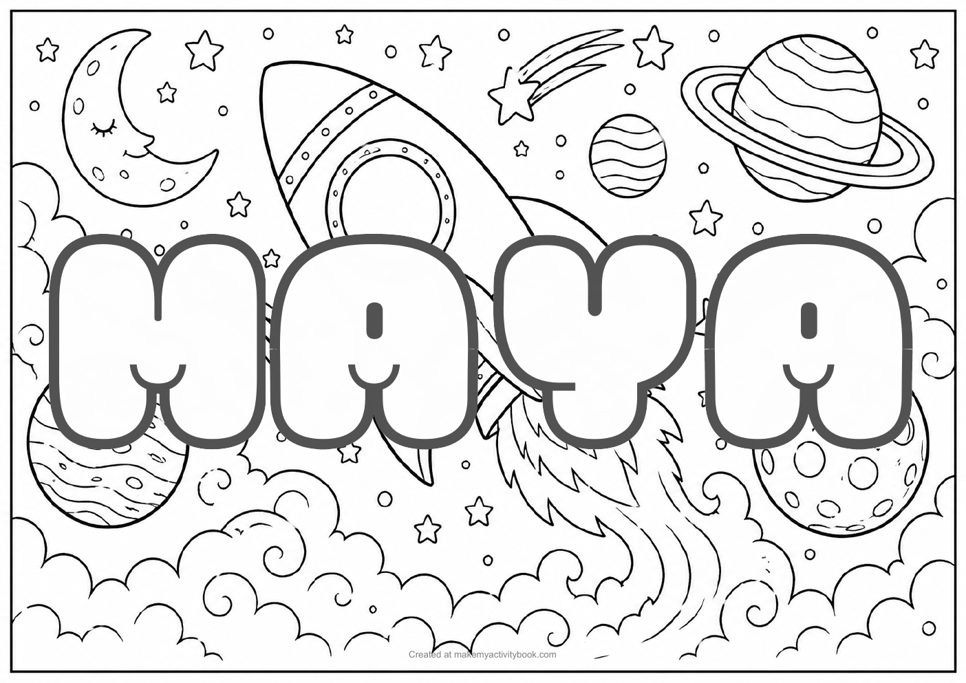 Maya Bubble letters — Space background colouring sheet