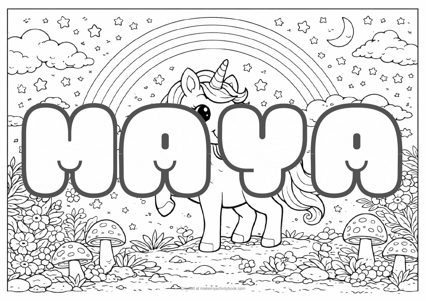 Maya Bubble letters — Unicorn background colouring sheet