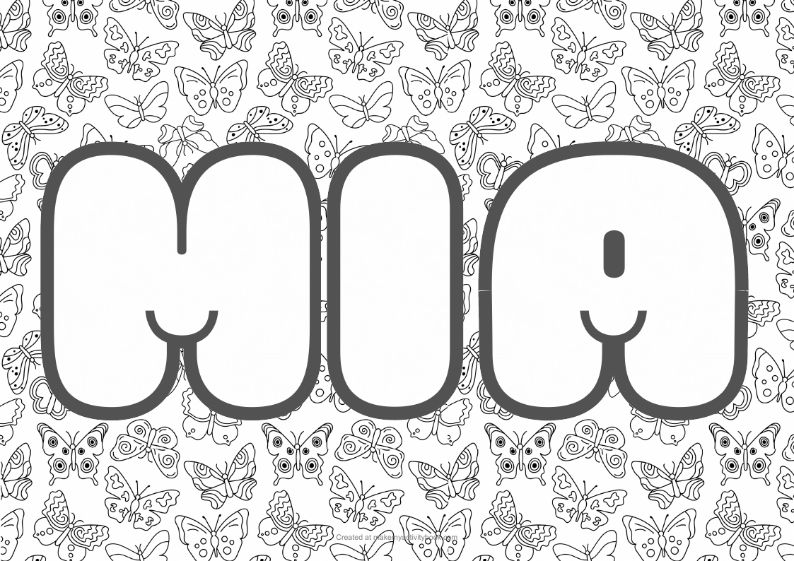 Mia Bubble letters — Butterflies border colouring sheet