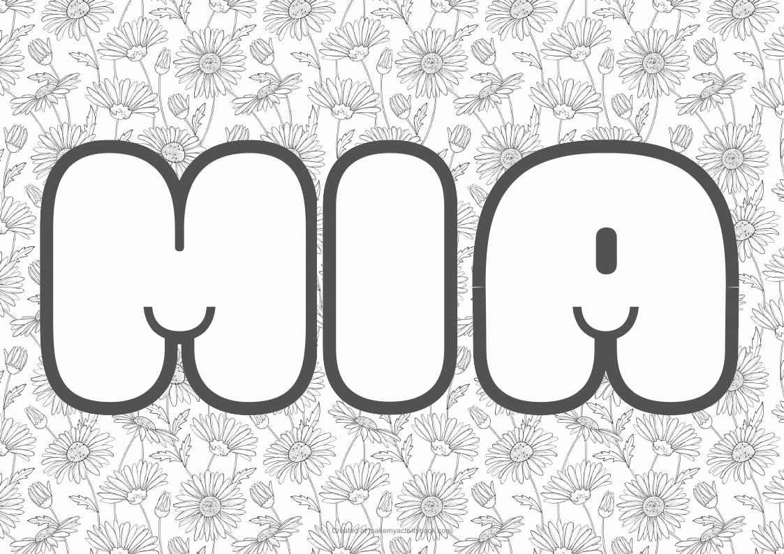 Mia Bubble letters — Flowers border colouring sheet