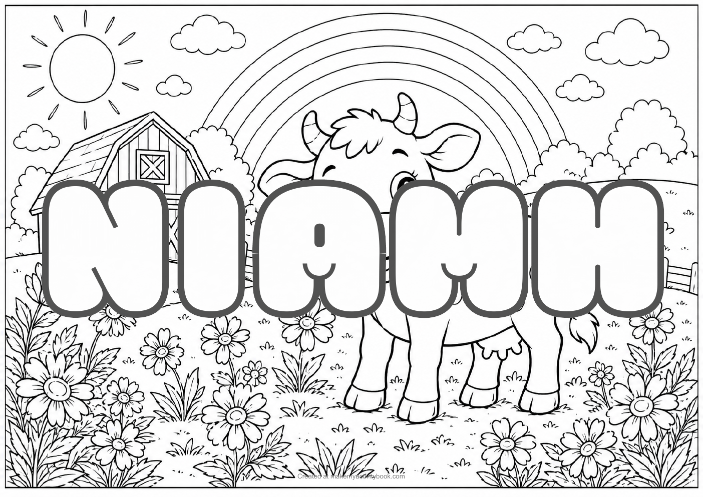Niamh Bubble letters — Farm background colouring sheet