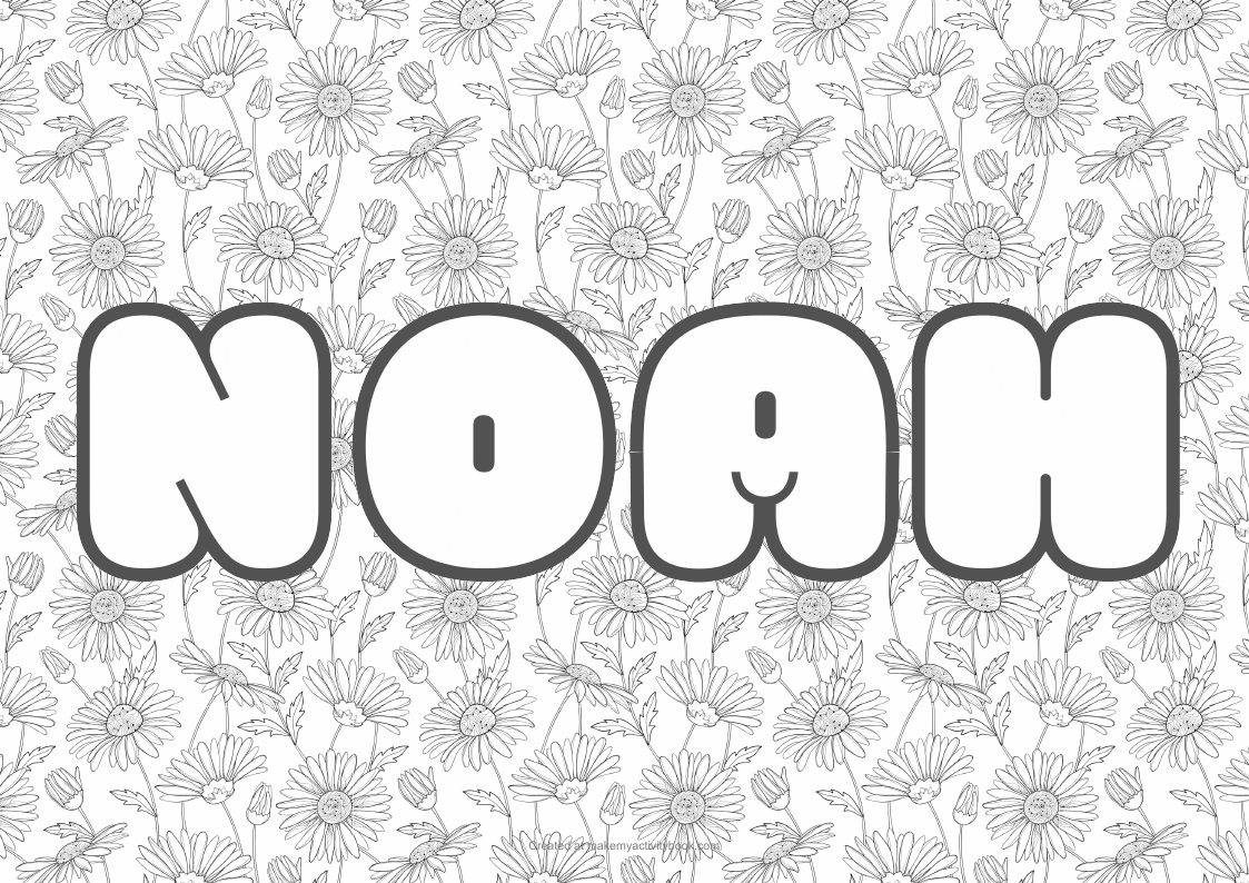 Noah Bubble letters — Flowers border colouring sheet