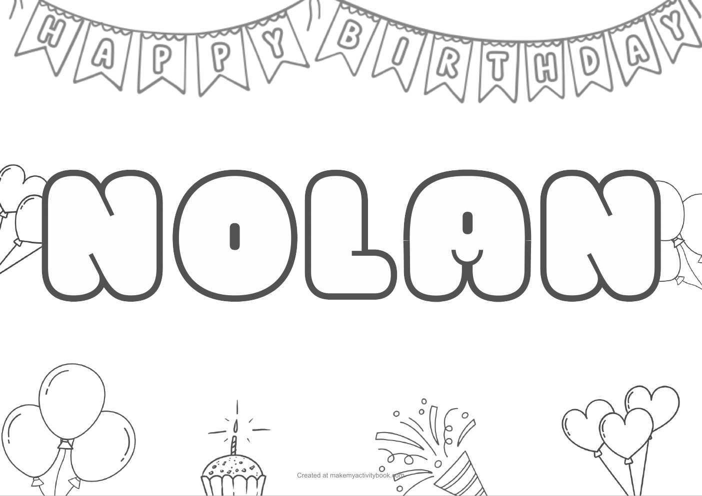Nolan Bubble letters — Birthday border colouring sheet