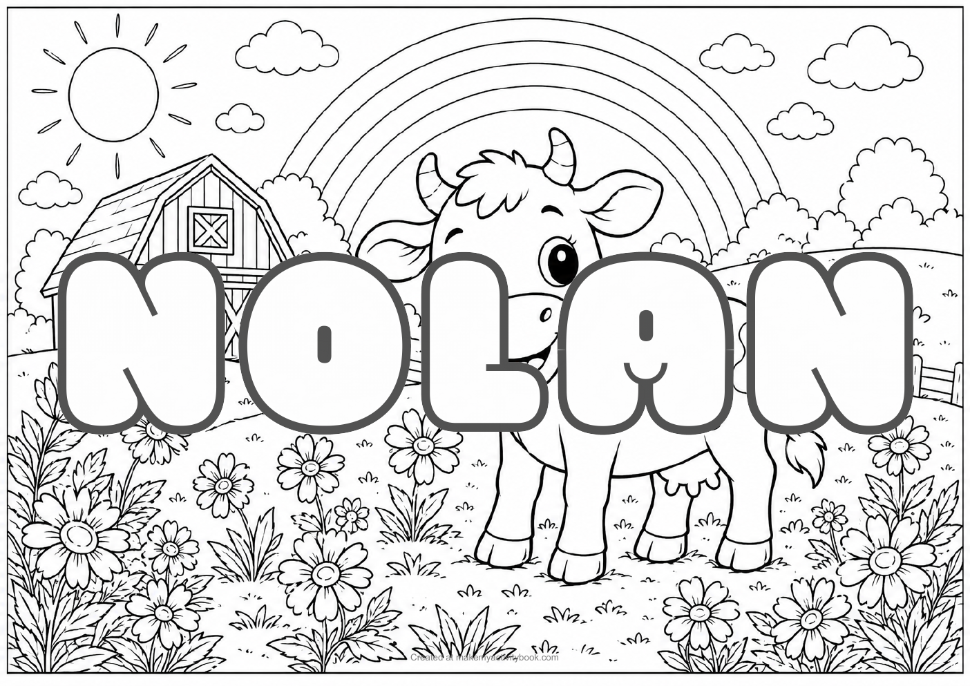 Nolan Bubble letters — Farm background colouring sheet