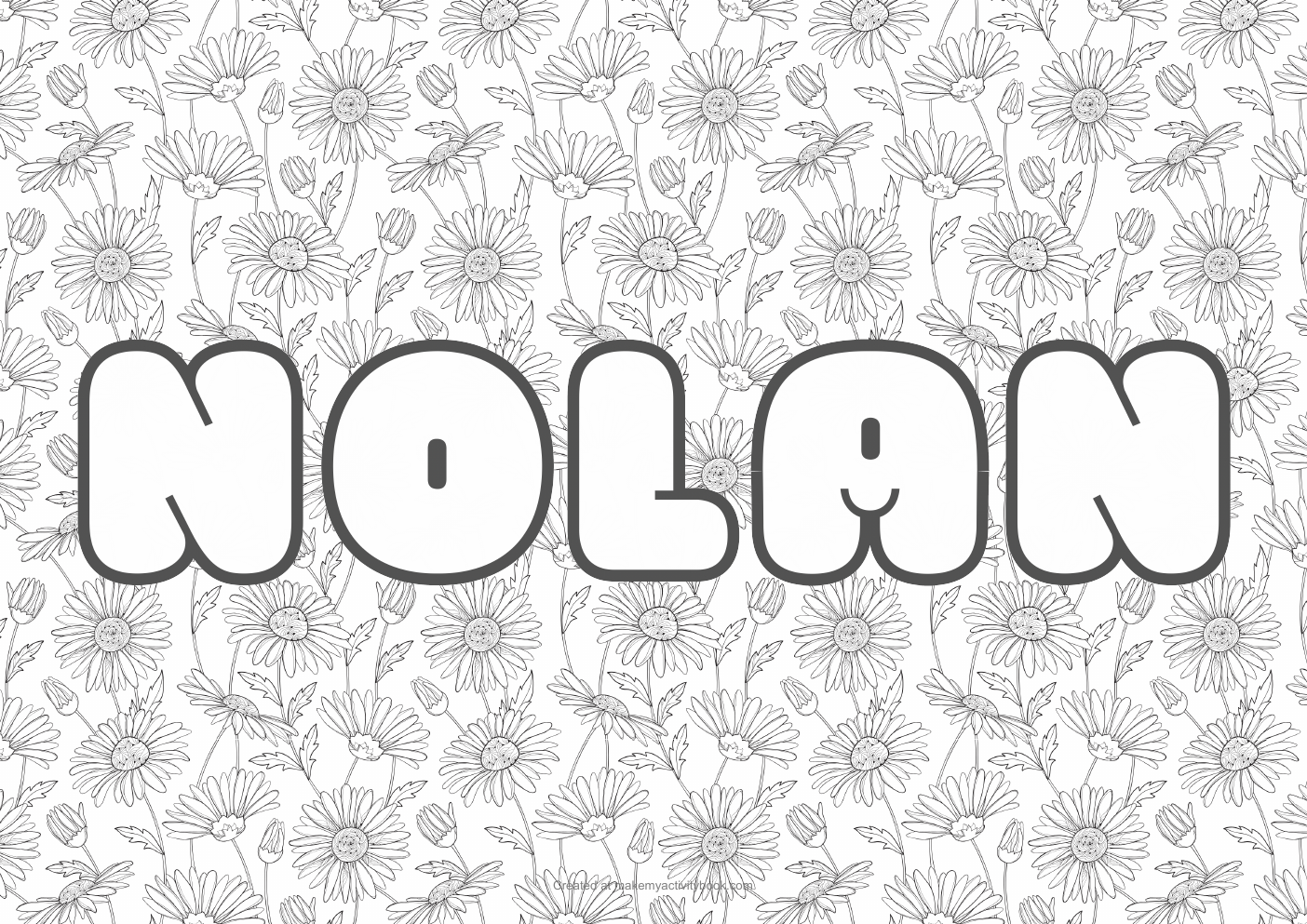 Nolan Bubble letters — Flowers border colouring sheet