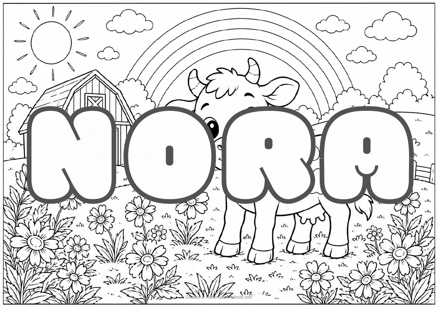 Nora Bubble letters — Farm background colouring sheet