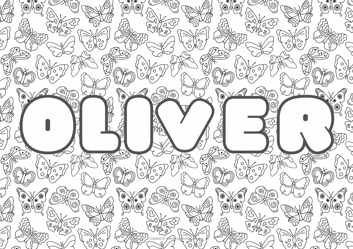 Oliver Bubble letters — Butterflies border colouring sheet