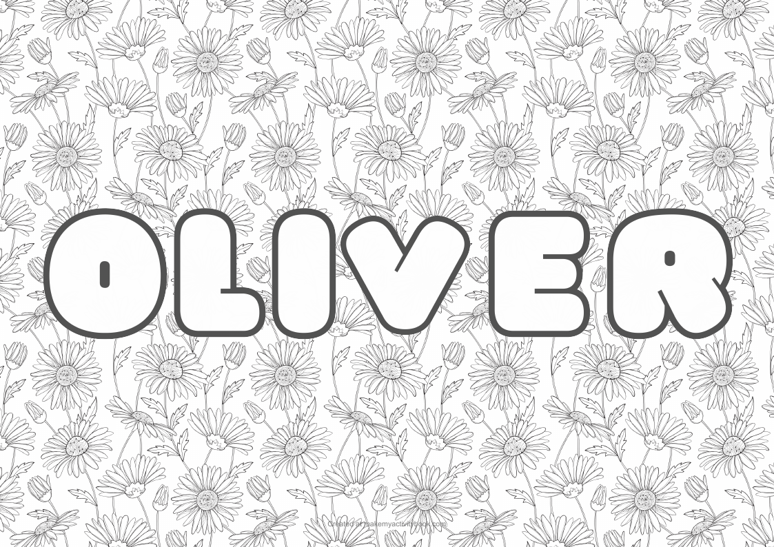 Oliver Bubble letters — Flowers border colouring sheet