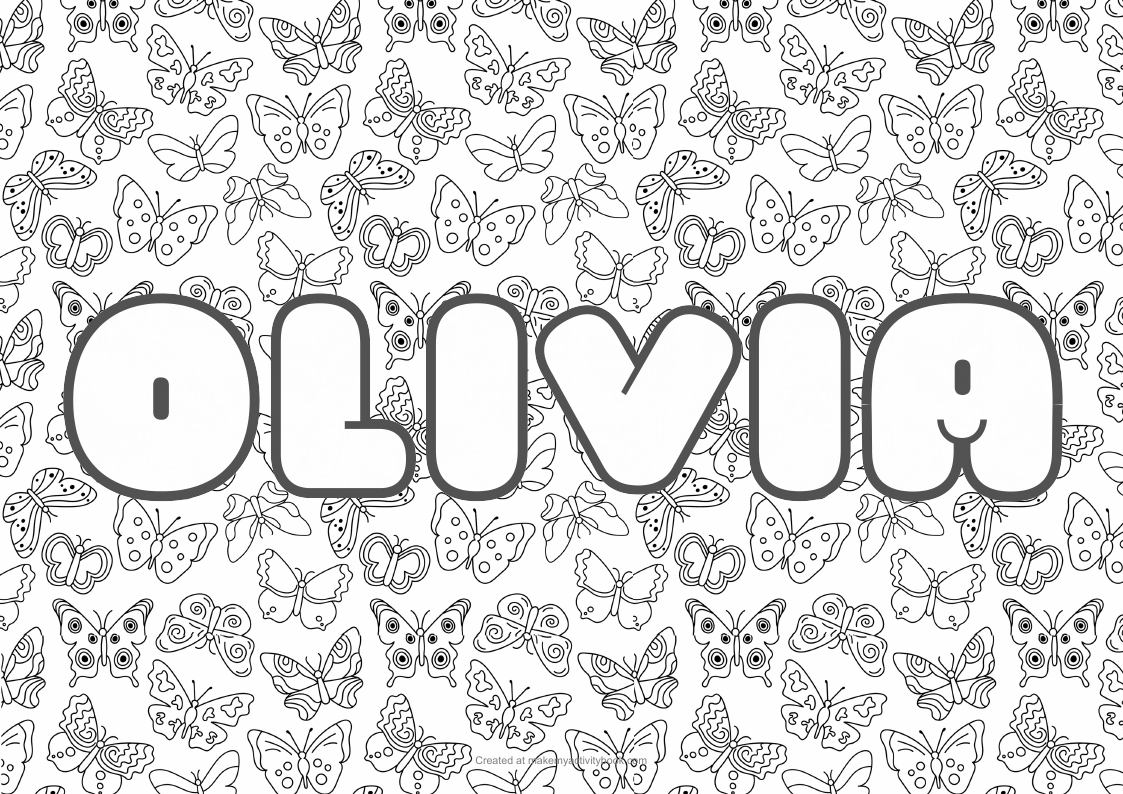 Olivia Bubble letters — Butterflies border colouring sheet