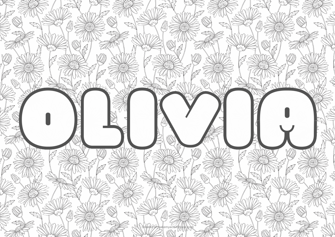 Olivia Bubble letters — Flowers border colouring sheet