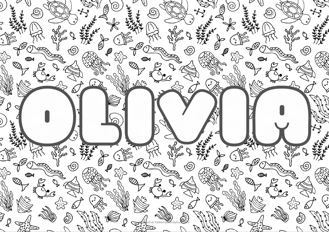 Olivia Bubble letters — Sea border colouring sheet