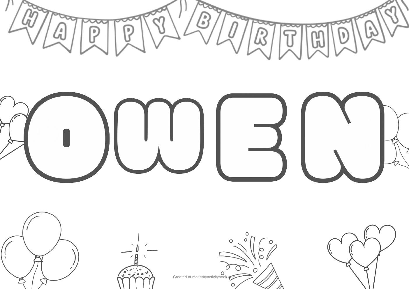 Owen Bubble letters — Birthday border colouring sheet
