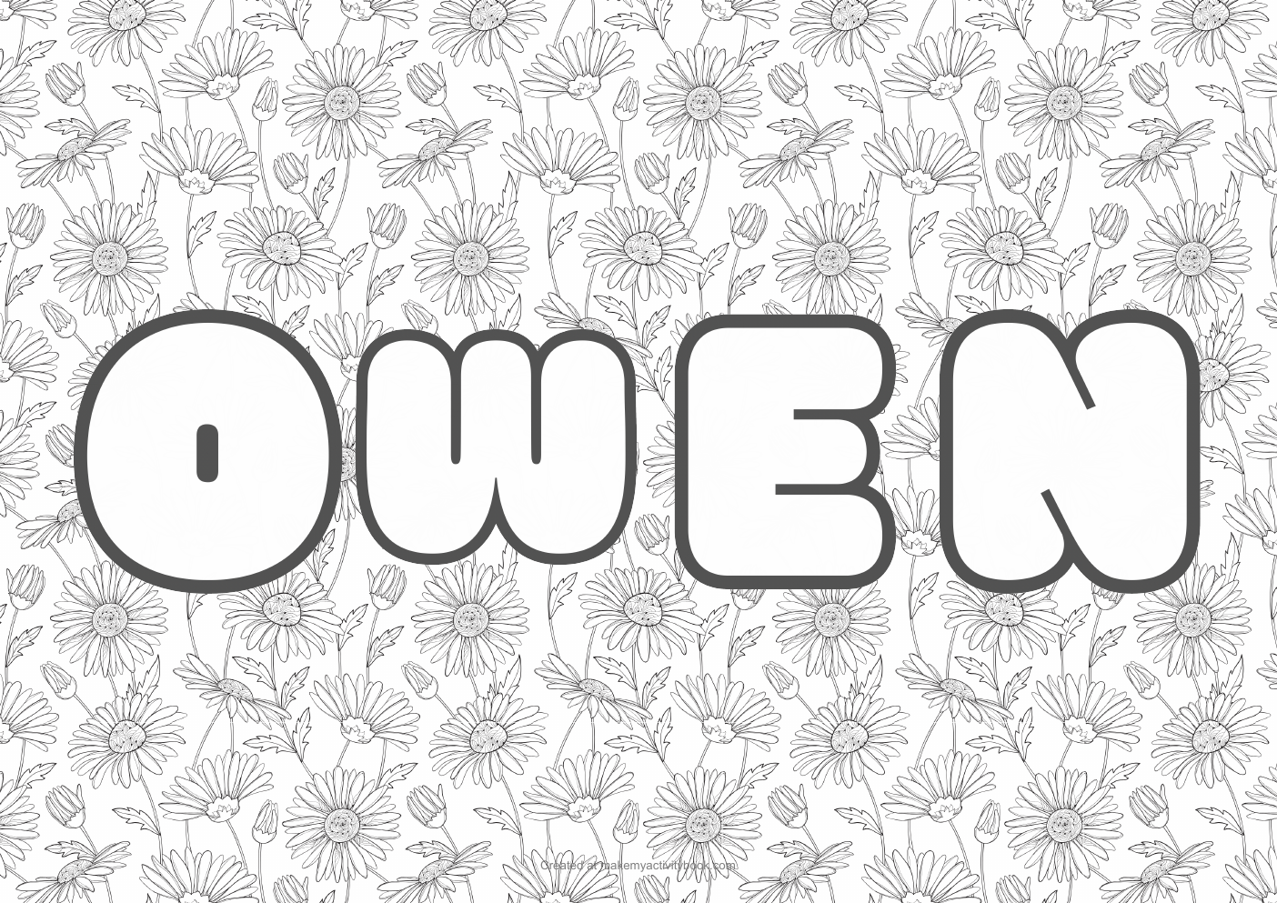 Owen Bubble letters — Flowers border colouring sheet