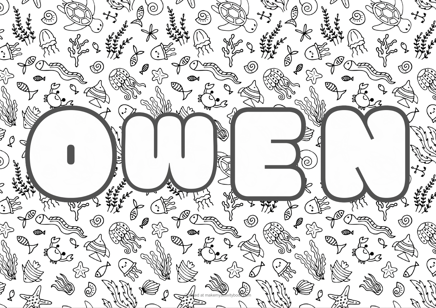 Owen Bubble letters — Sea border colouring sheet