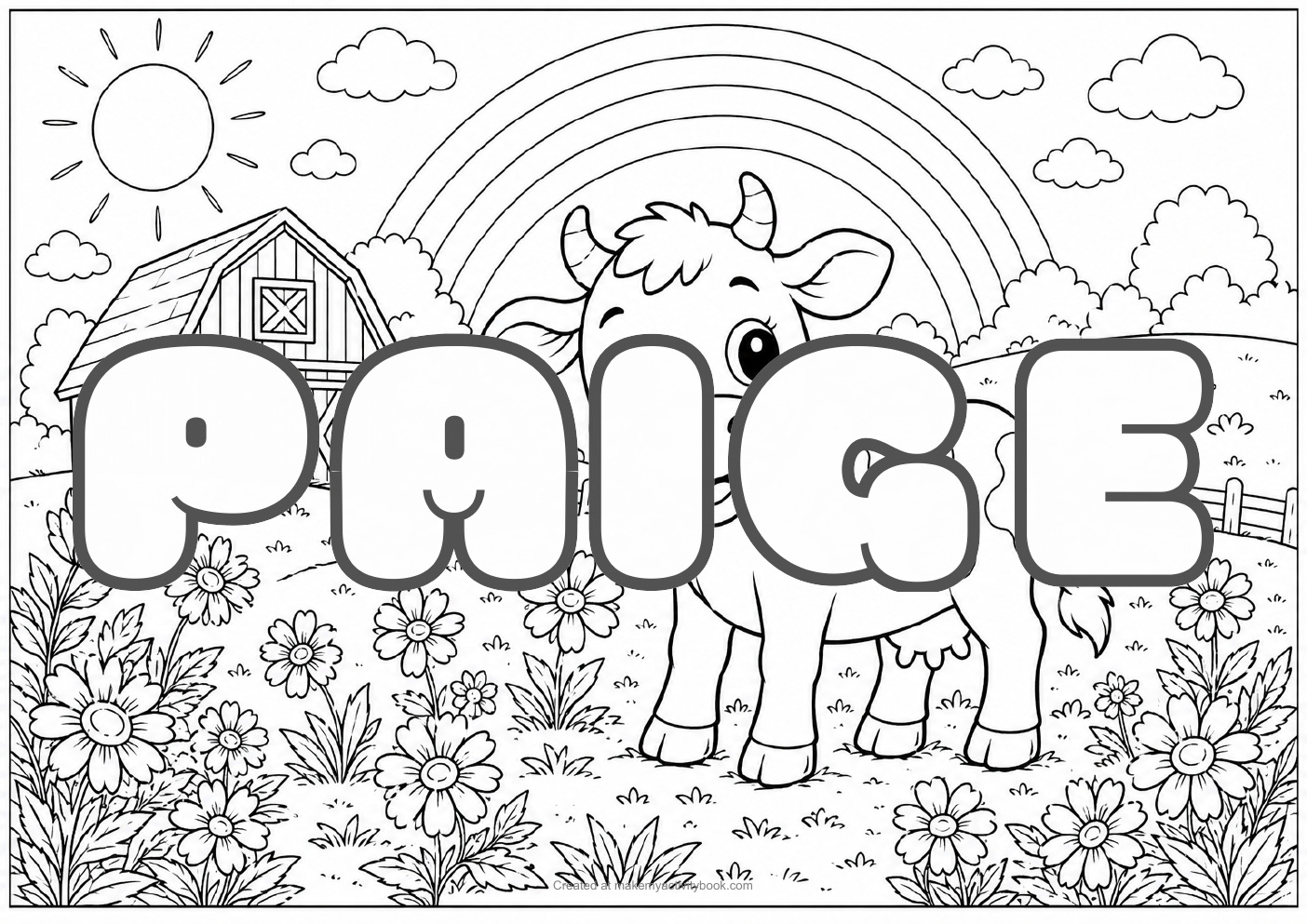Paige Bubble letters — Farm background colouring sheet