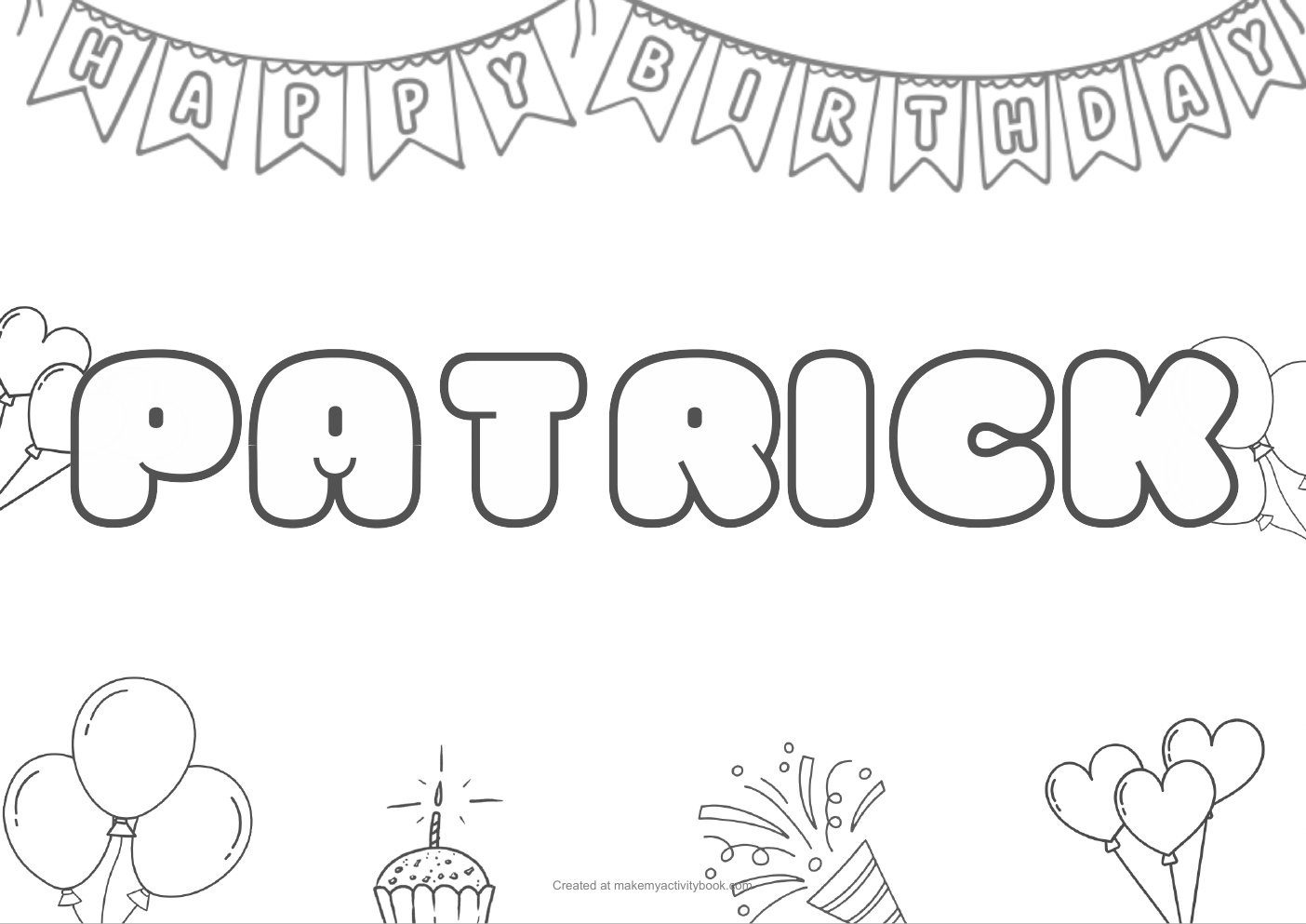 Patrick Bubble letters — Birthday border colouring sheet