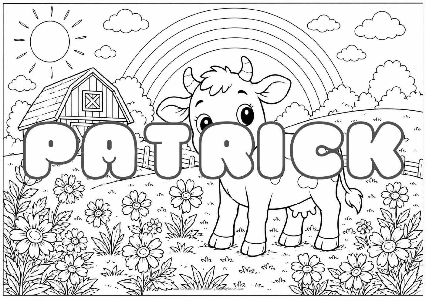 Patrick Bubble letters — Farm background colouring sheet