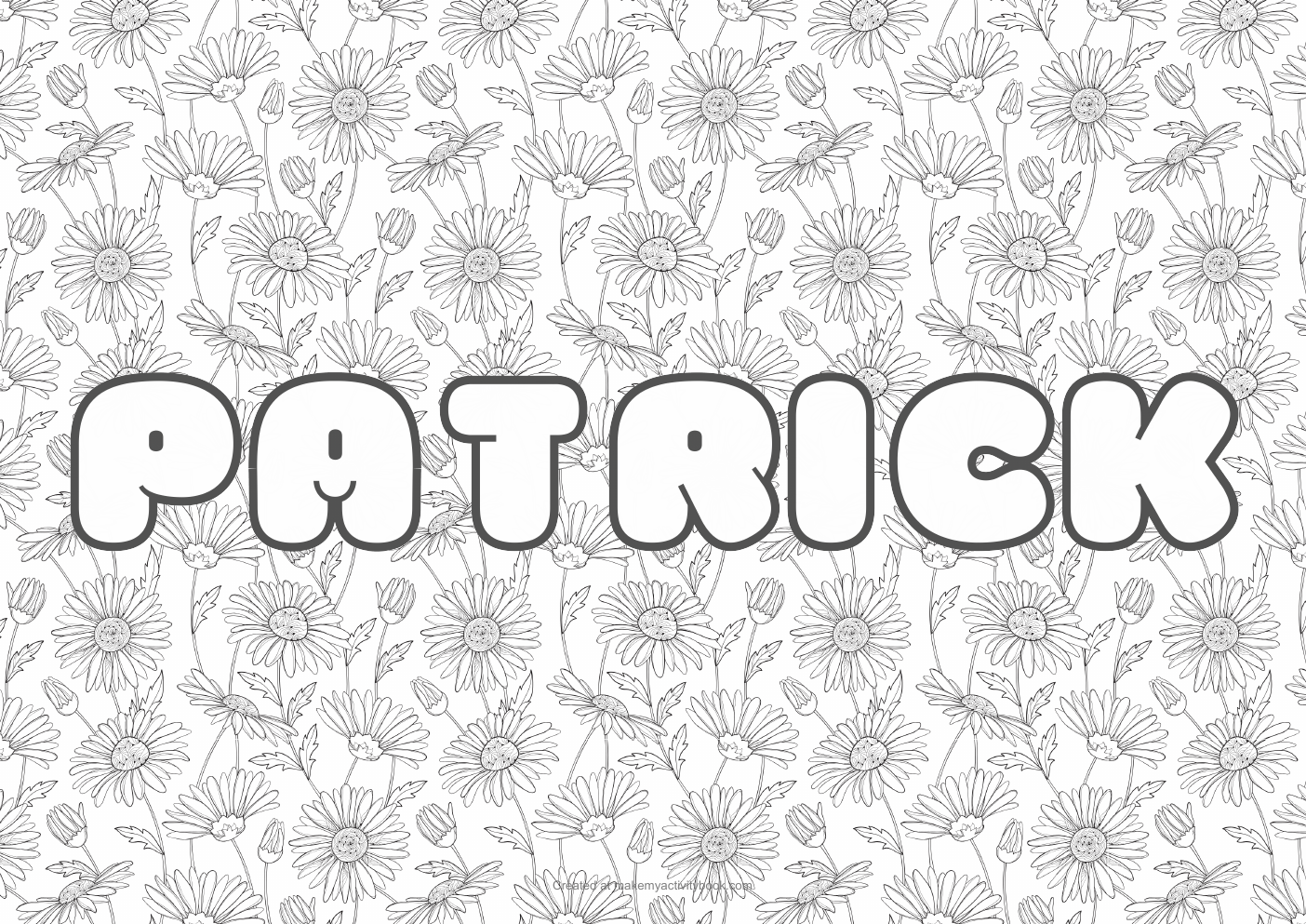 Patrick Bubble letters — Flowers border colouring sheet