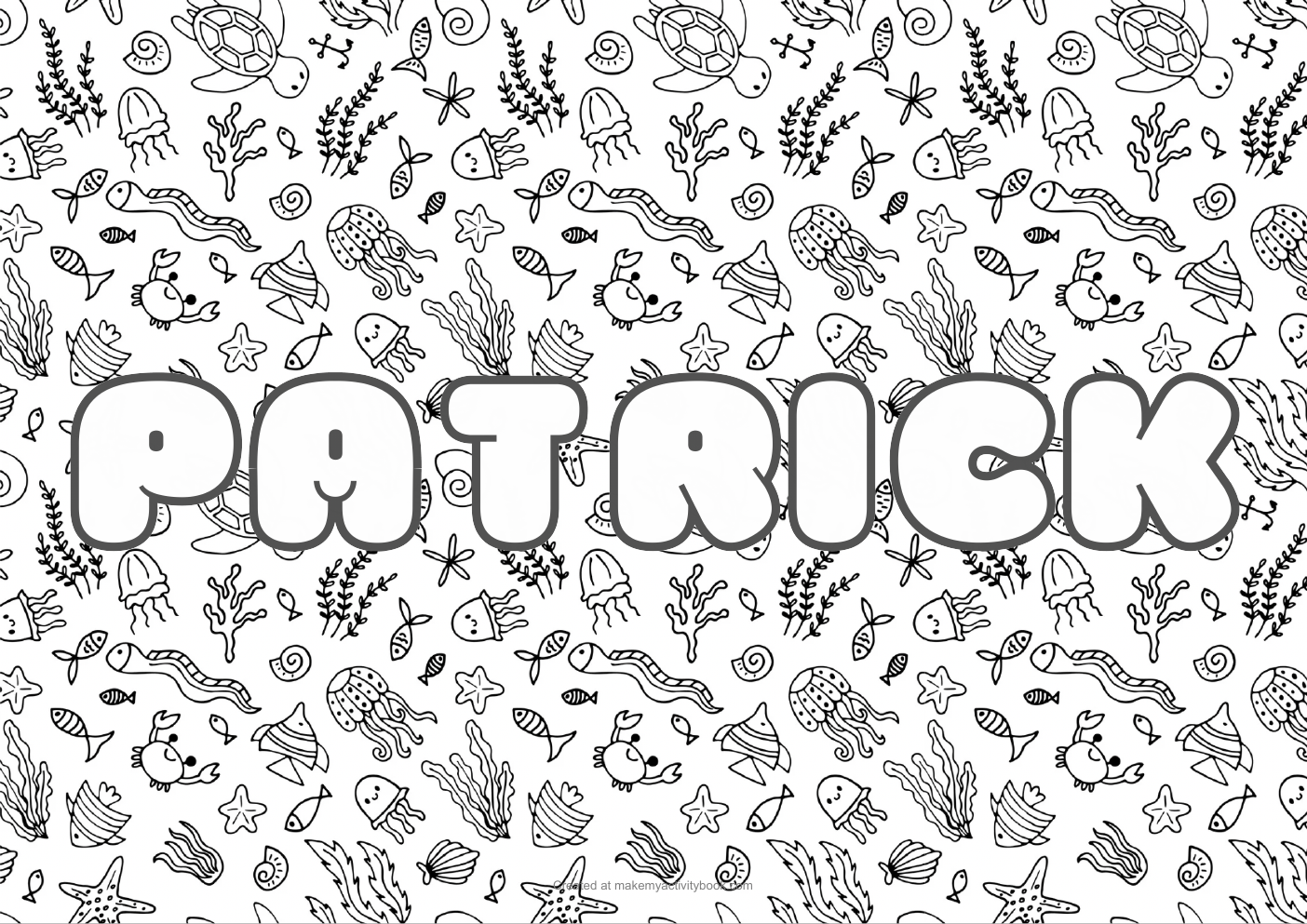 Patrick Bubble letters — Sea border colouring sheet