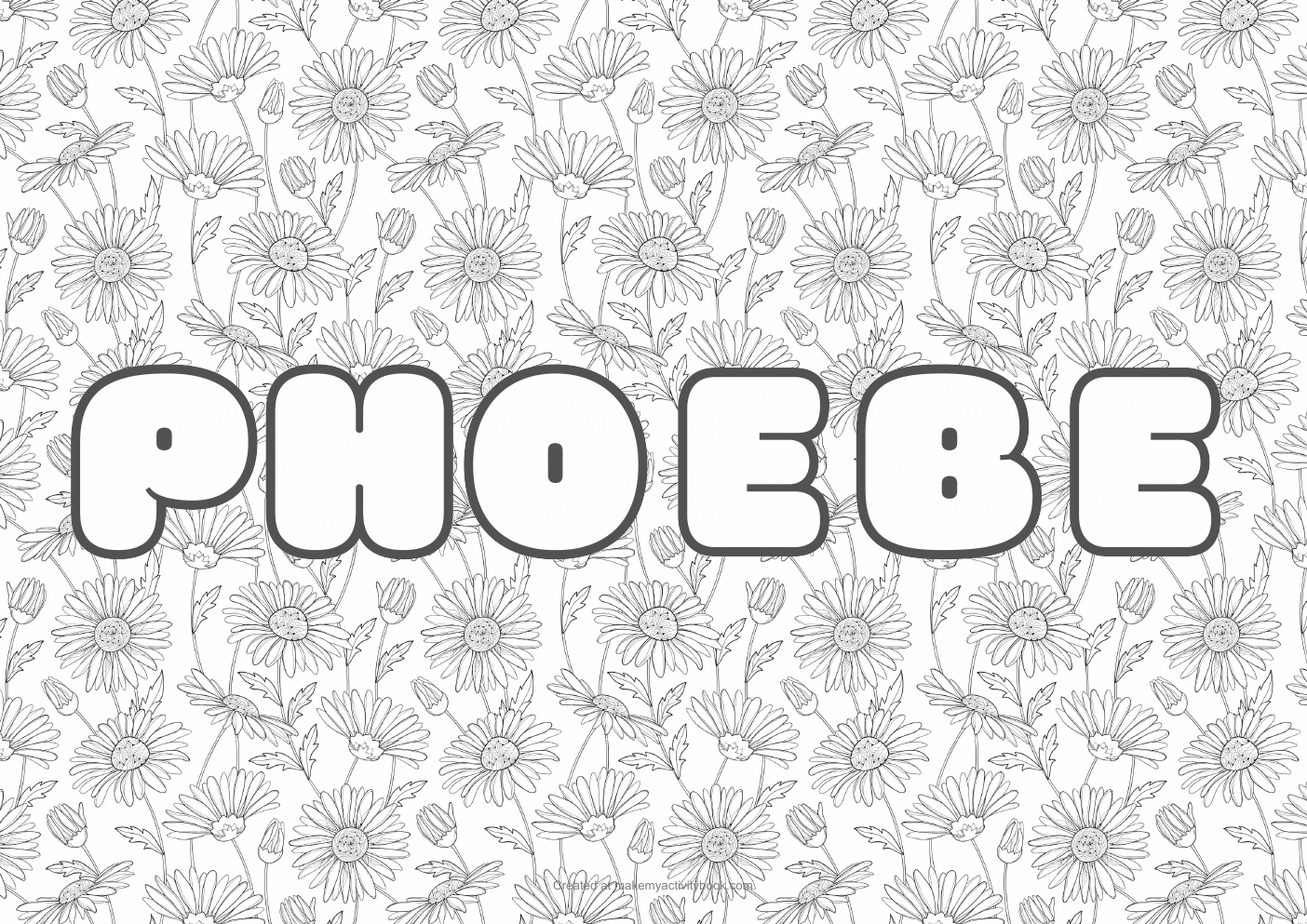 Phoebe Bubble letters — Flowers border colouring sheet