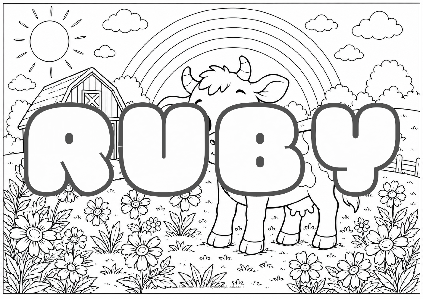 Ruby Bubble letters — Farm background colouring sheet