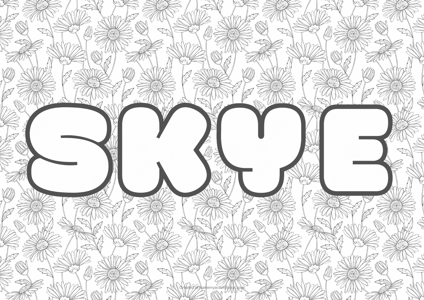Skye Bubble letters — Flowers border colouring sheet