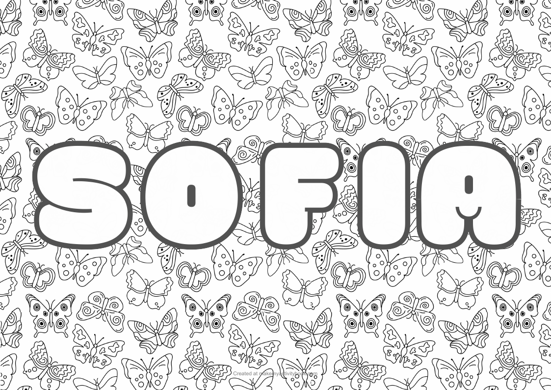 Sofia Bubble letters — Butterflies border colouring sheet
