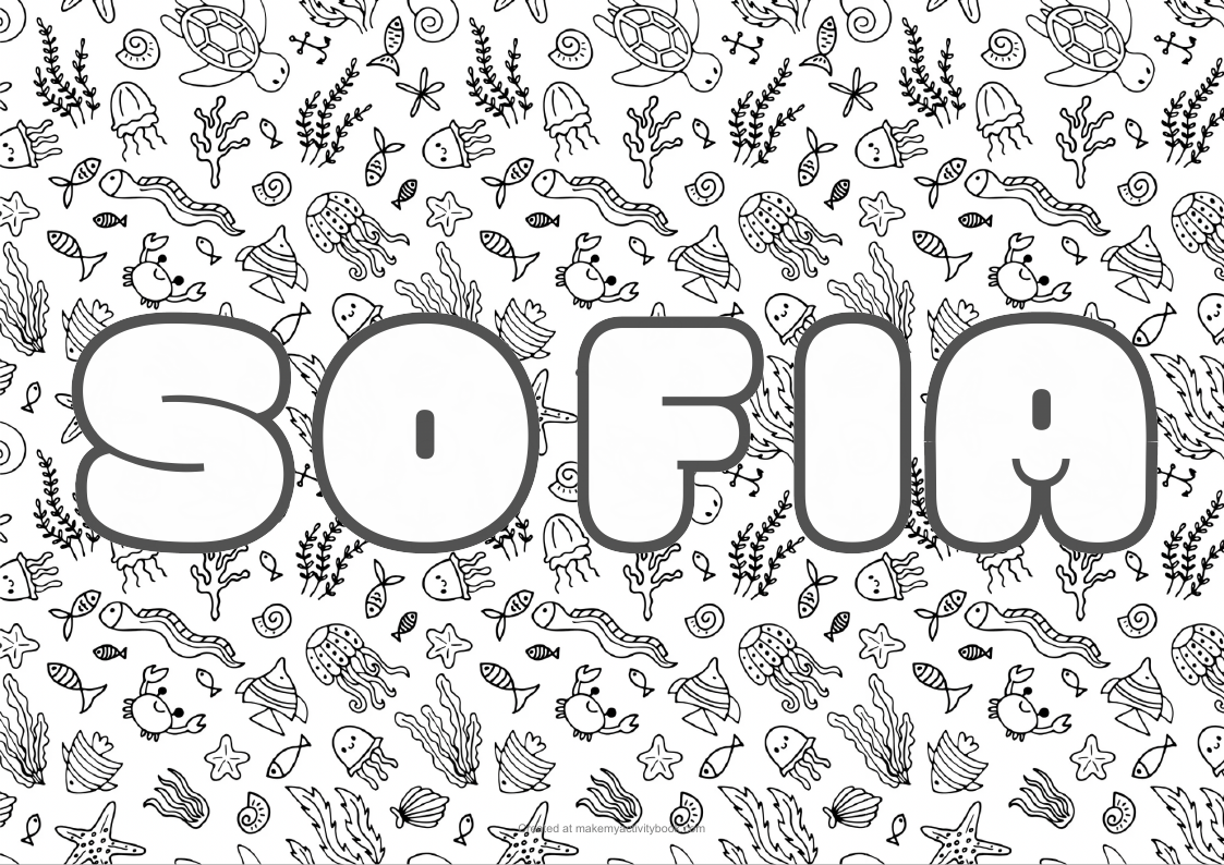 Sofia Bubble letters — Sea border colouring sheet