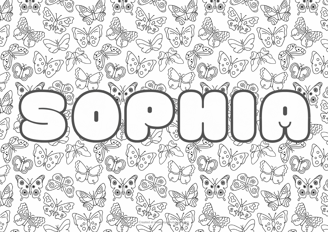 Sophia Bubble letters — Butterflies border colouring sheet