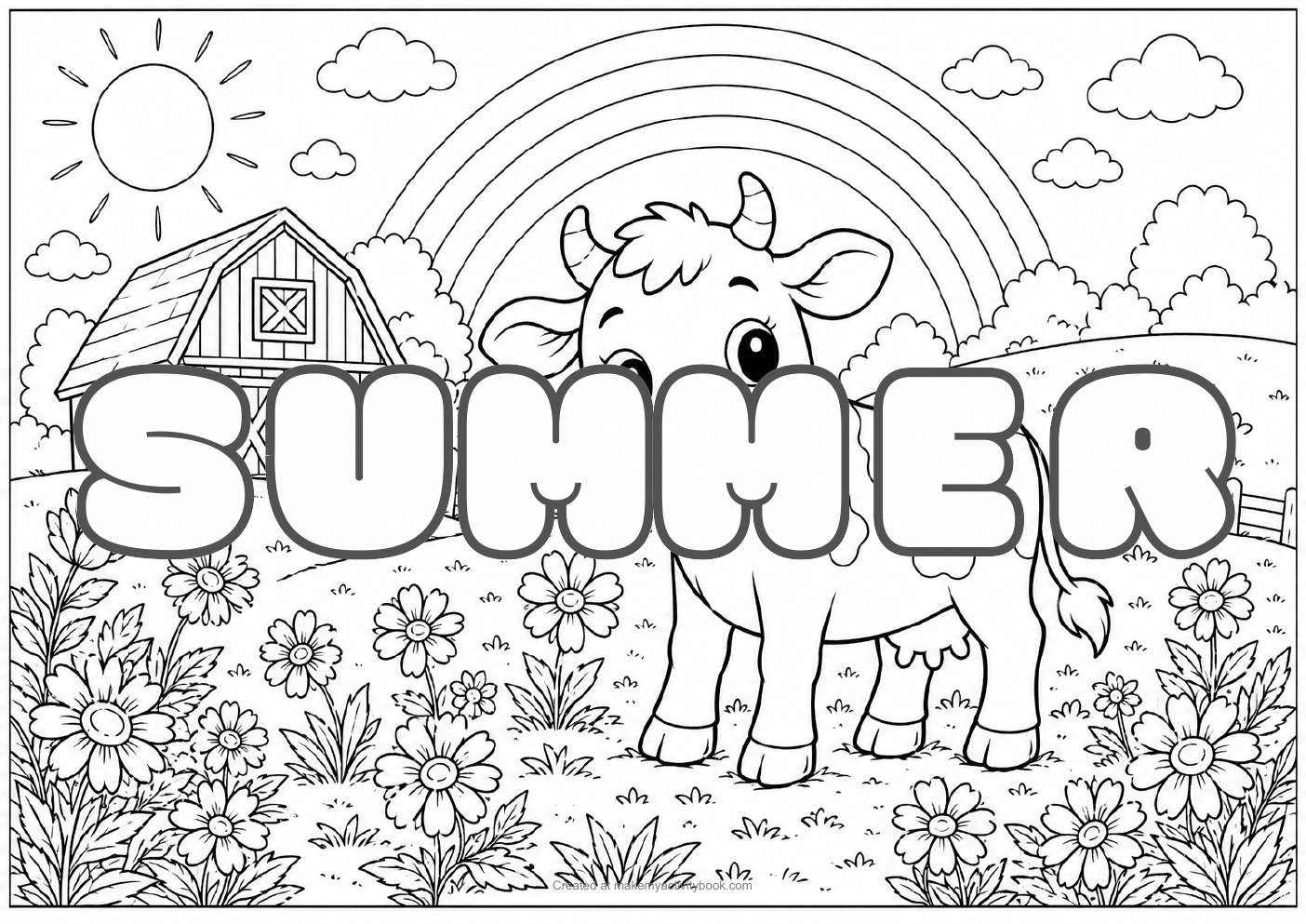 Summer Bubble letters — Farm background colouring sheet
