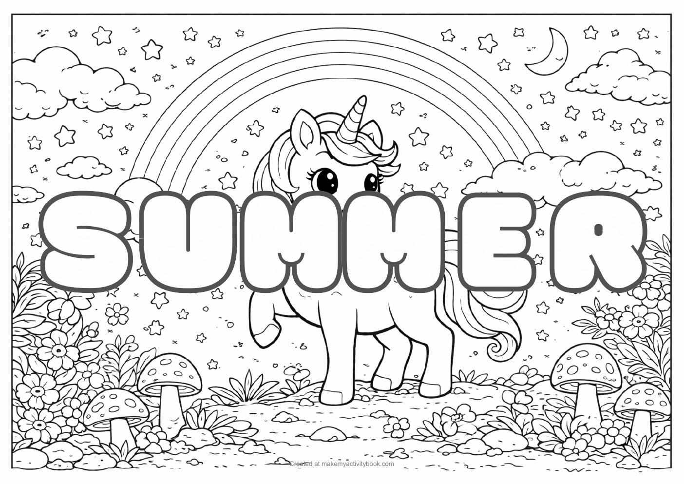 Summer unicorn colouring sheet