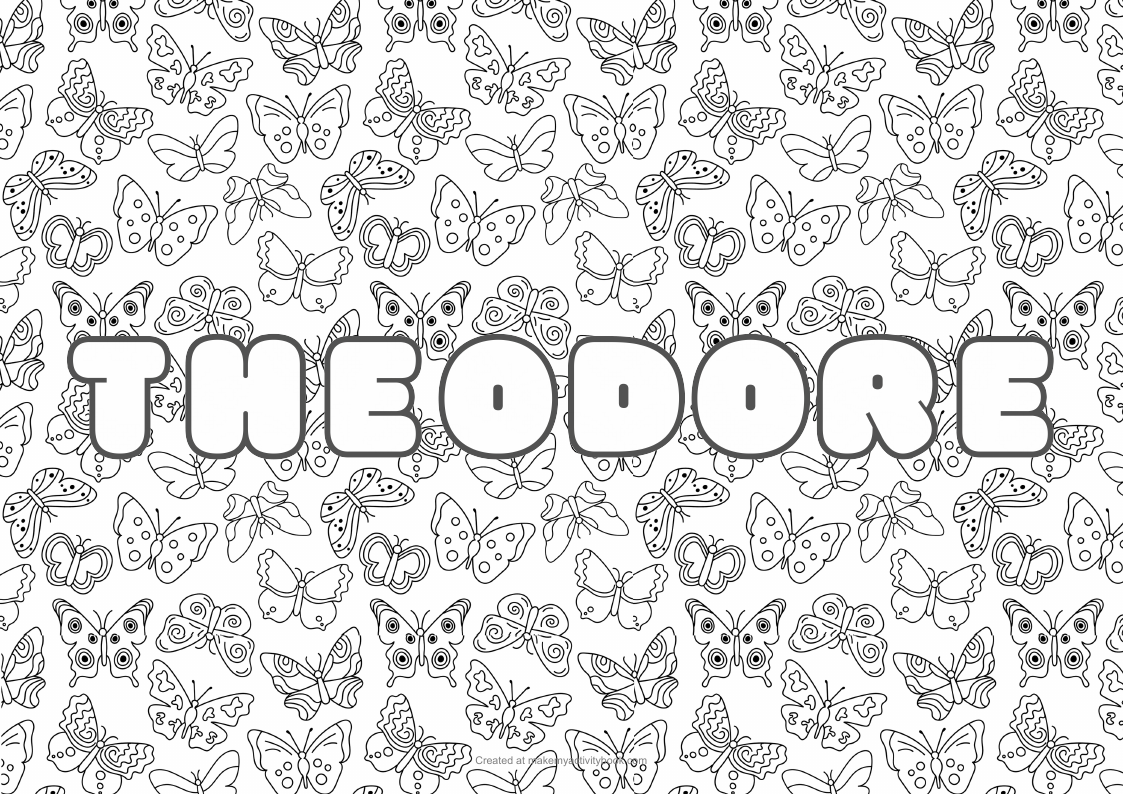 Theodore Bubble letters — Butterflies border colouring sheet