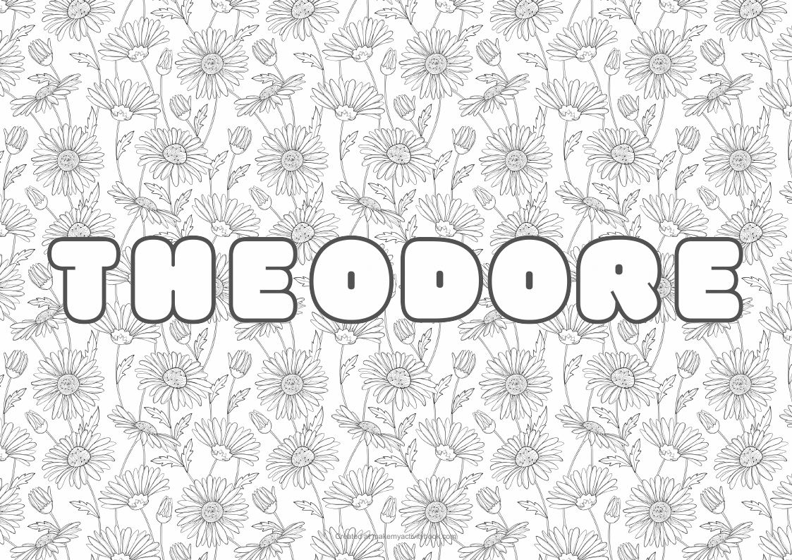 Theodore Bubble letters — Flowers border colouring sheet