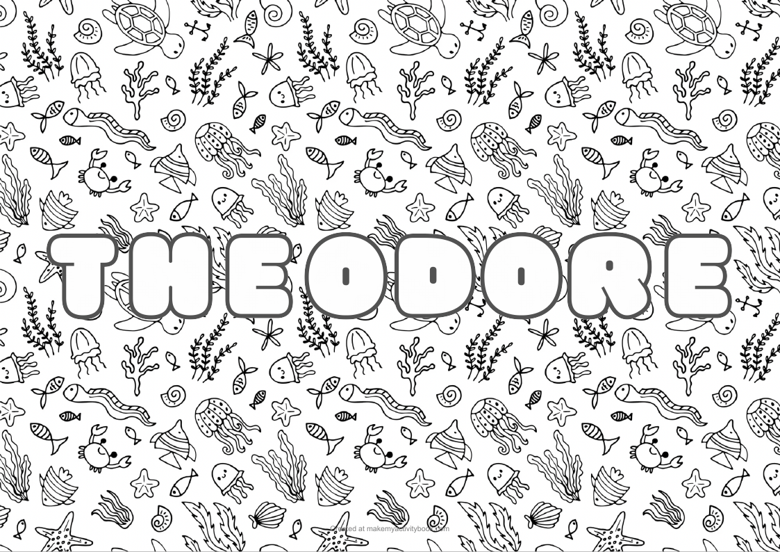 Theodore Bubble letters — Sea border colouring sheet