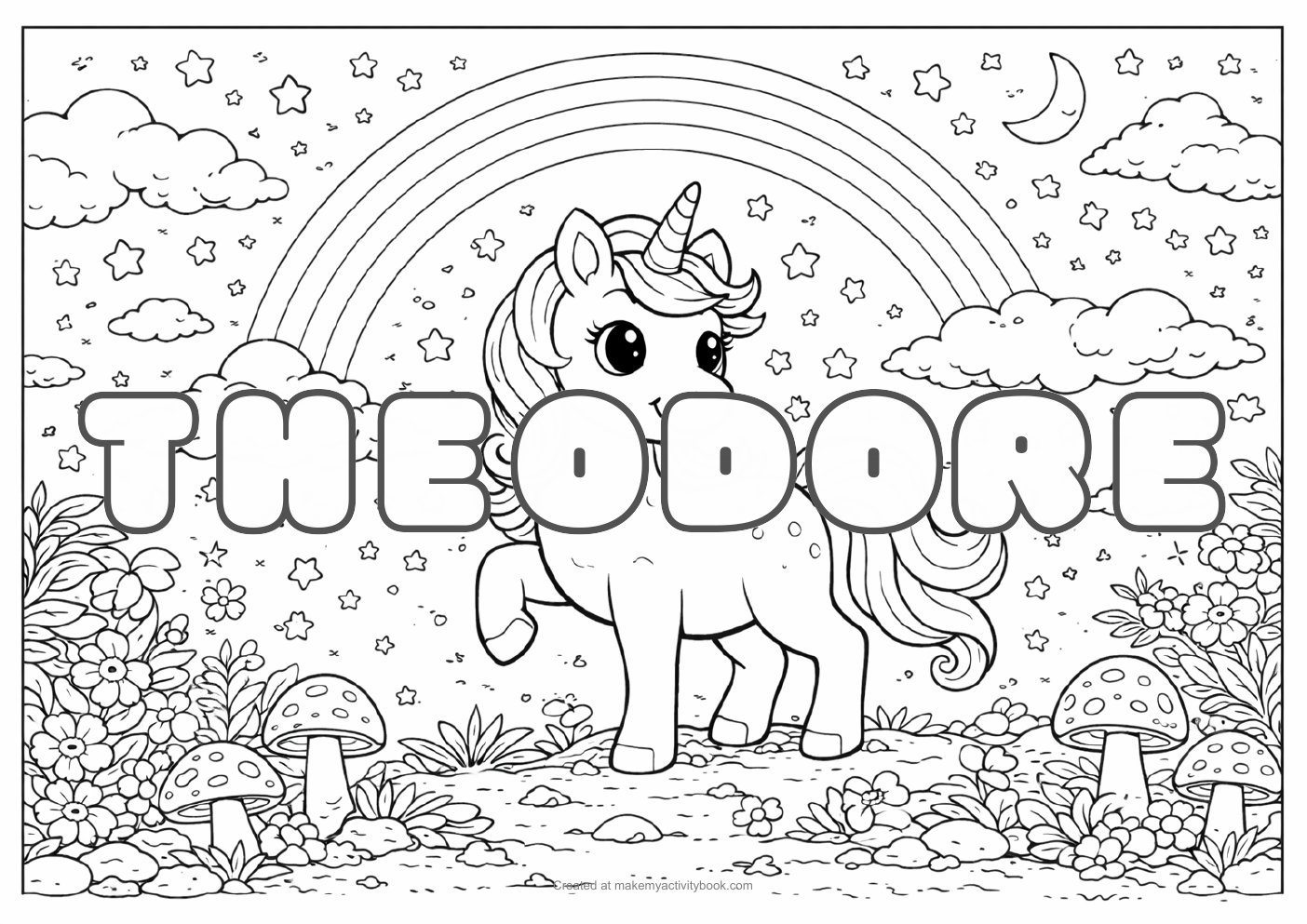 Theodore unicorn colouring sheet