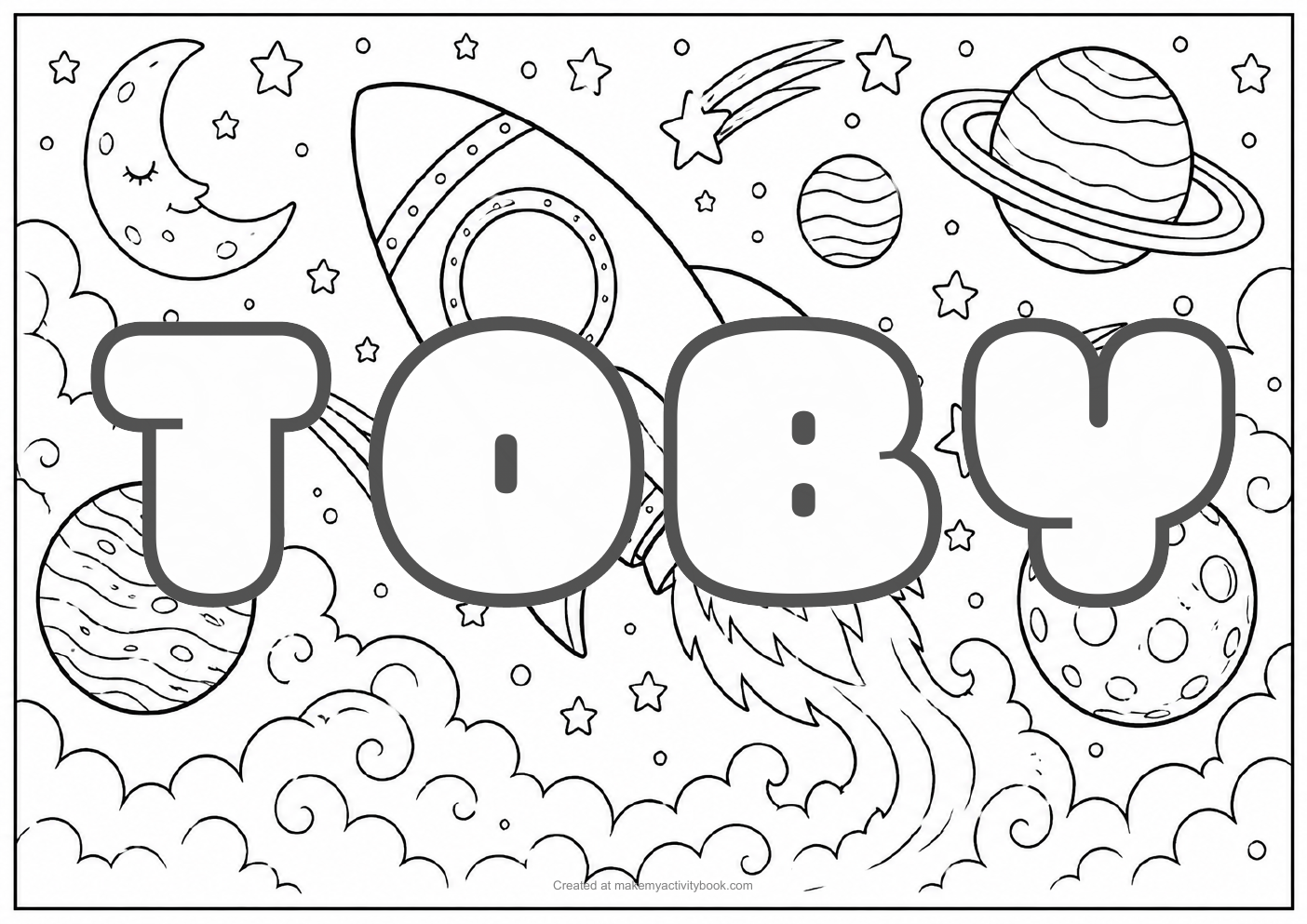 Toby Bubble letters — Space background colouring sheet