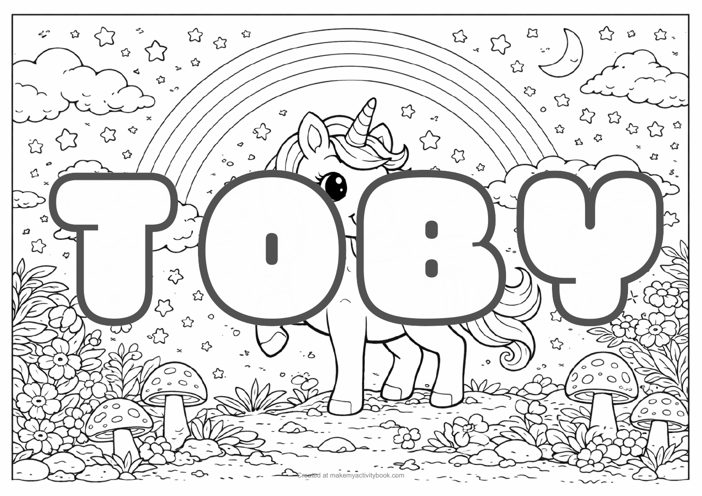 Toby Bubble letters — Unicorn background colouring sheet